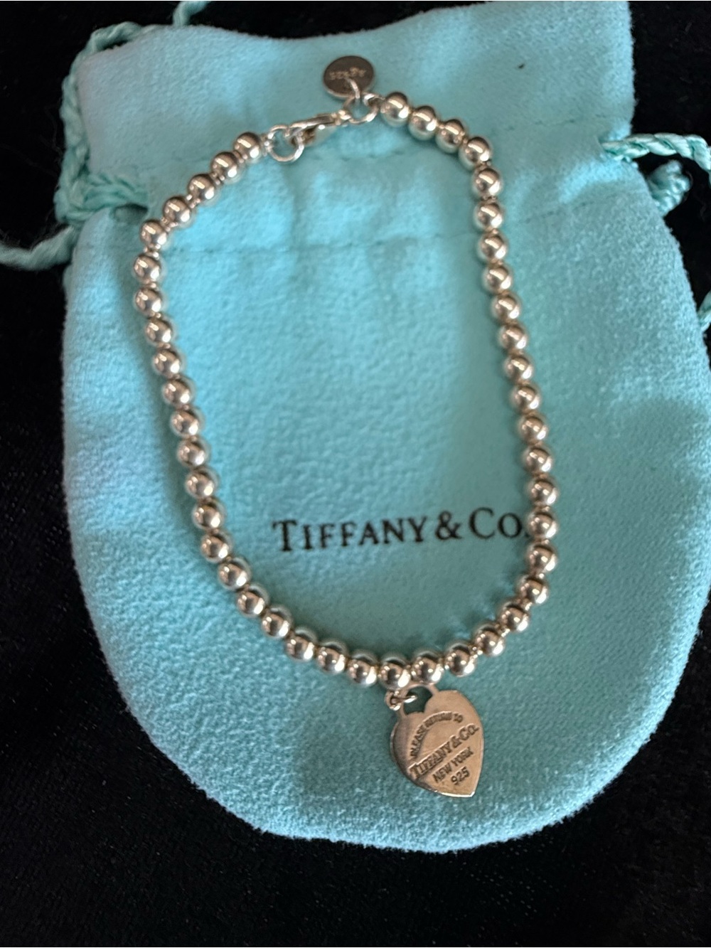 Tiffany & Co. Polished Silver Bead Bracelet with Heart Tag
